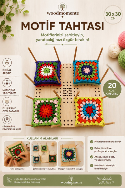 woodmomente 30x30 Motif Tahtası 20 Çubuklu Ahşap Örgü Bloklama Aparatı