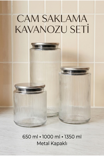 Ev Modu Home 3'lü Cam Saklama Kavanozu Seti – Metal Kapaklı 650 ml + 1000 ml ...
