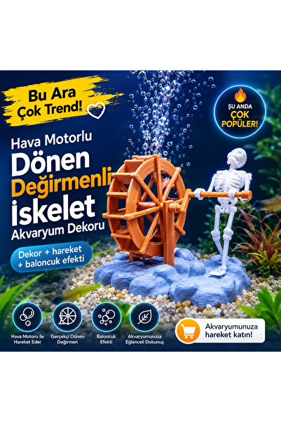 VİZYONAKSESUAR Hava Motorlu Dönen Değirmenli İskelet Akvaryum Dekoru – Balonc...