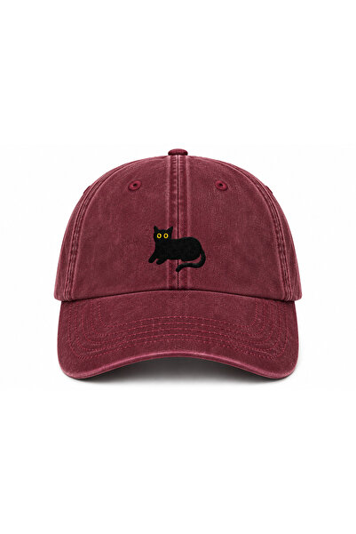 WeavedCo Minimalist Kara Kedi Nakışlı Vintage Yıkamalı Kep Şapka