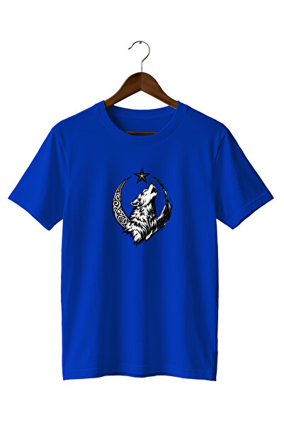 WİDİ Special Design Minimalist Snow Wolf and Moon Star Printed T-Shirt 100% C...