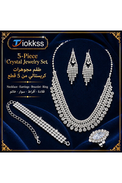 Tiokkss 5-Piece Silver Rhinestone Jewelry Set, Crystal Look Necklace Earrings...