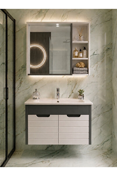 nata Banyo 80 cm Kapak Aynalı Banyo Dolabı Takımı MDF Gövde Beyaz Antrasit
