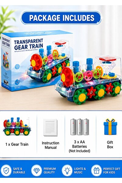 DAT Transparent Gear Train Toy Bump and Go Lights Music for Kids Multicolor