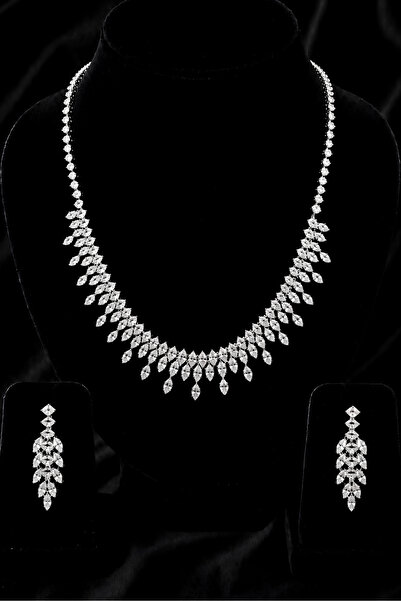 OSMANLI GÜMÜŞ Zirkon Su Yolu Set Rodyum Kaplama Marguerite Model Düğün Seti N...