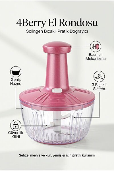 4 Berry Solingen Bıçaklı El Rondosu – 3 Bıçaklı Basmalı Pratik Doğrayıcı Pembe
