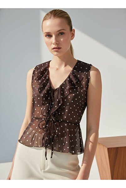 Arbucky Women's Polka Dot Chiffon Blouse with Tie Detail