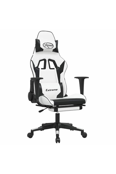 vidaxl Scaun de gaming masaj/suport picioare alb/negru piele