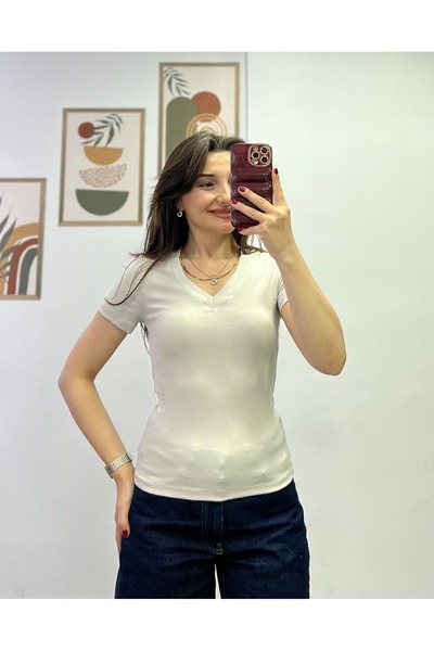 bydenizcollection Short Sleeve V-Neck Cotton Fabric Tshirt
