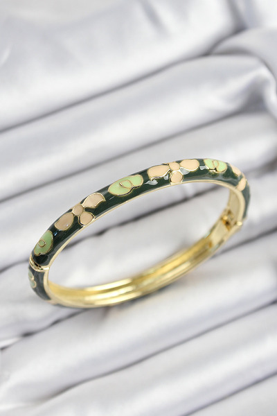 OGHAMAY Mineli Brass Cream and Green Flower Motif Gold Color Women's Handcuffs