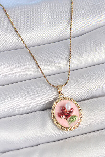 OGHAMAY 316L Steel Gold Color Chain Pink Enamel Pearl Flower Embroidered Port...