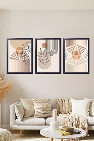 Baskılar Soyut 3'lü Set Boho Dekoratif Mdf Tablo Siyah