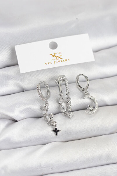OGHAMAY طقم أقراط من النحاس الفضي اللون مرصع بحجر الزركون طراز YSX Trio