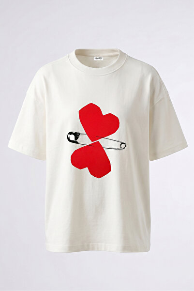 Anetos Tricou oversize alb din bumbac cu imprimeu pe spate Heart Safety Pin D...