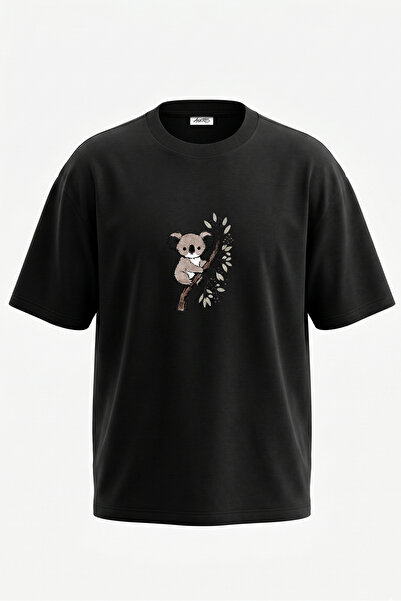 Anetos Tricou oversize negru din bumbac cu imprimeu pe spate Koala Drawing De...