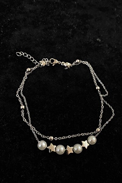 OGHAMAY Silver Color Pearl Star Model Ball and Sf Chain Steel Anklet - 3276
