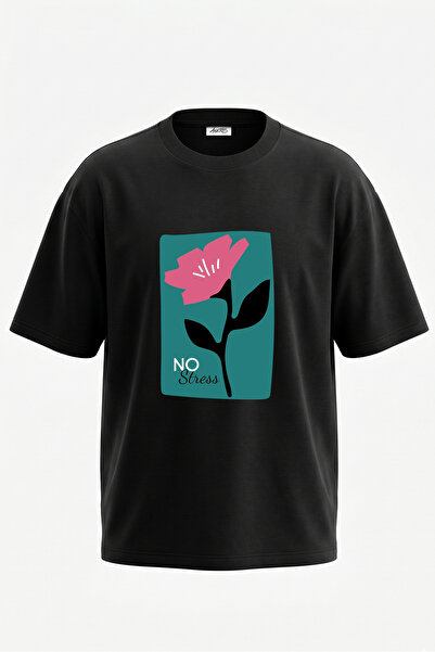 Anetos Tricou oversize negru din bumbac cu imprimeu pe spate No Stress Flower...
