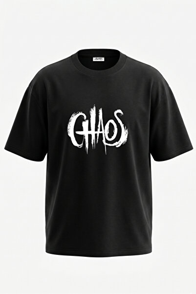 Anetos Tricou oversize negru din bumbac cu imprimeu pe spate Chaos Grunge Design