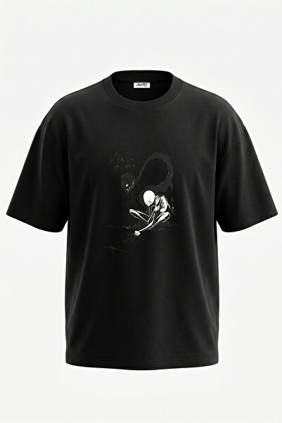 Anetos Tricou supradimensionat negru din bumbac, cu imprimeu pe spate, cu des...
