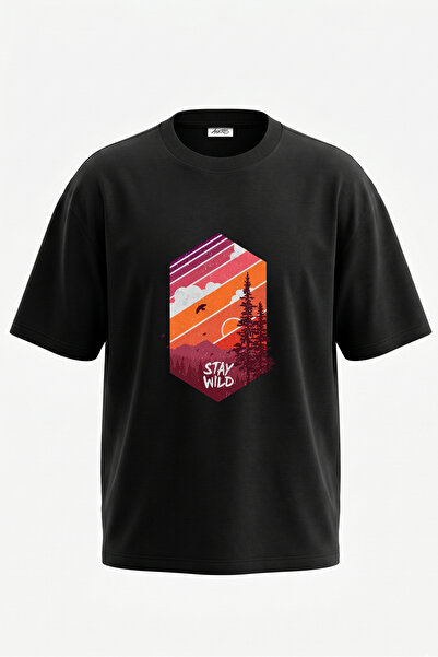 Anetos Tricou oversize negru din bumbac cu imprimeu pe spate, design Retro Wi...