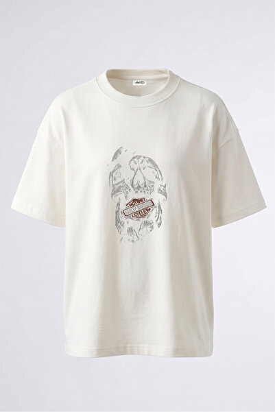 Anetos Tricou oversize alb din bumbac cu imprimeu pe spate cu design cu crani...