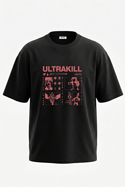 Anetos Ultrakill igra Dizajn Leđa Tiskana Pamučna Crna Oversize Majica