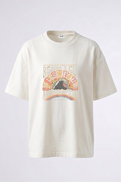 Anetos Tricou oversize alb din bumbac cu imprimeu pe spate Wave Beach Design