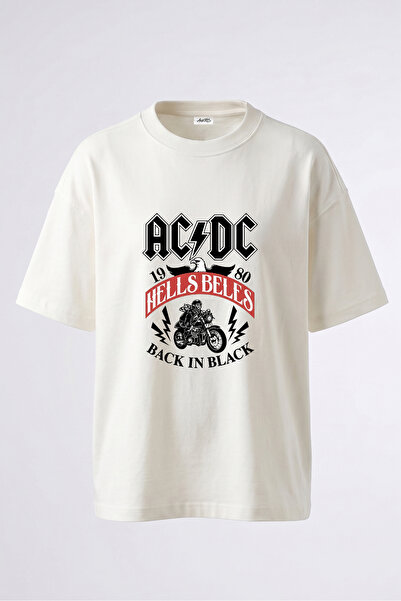 Anetos Tricou oversize alb din bumbac cu imprimeu pe spate ACDC biker Design