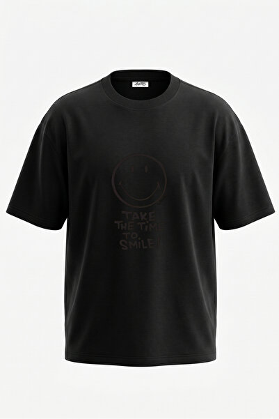 Anetos Tricou oversize negru din bumbac cu imprimeu pe spate cu design Smiley...