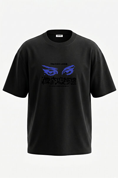 Anetos Tricou oversize negru din bumbac cu imprimeu pe spate Grunge Eyes Design