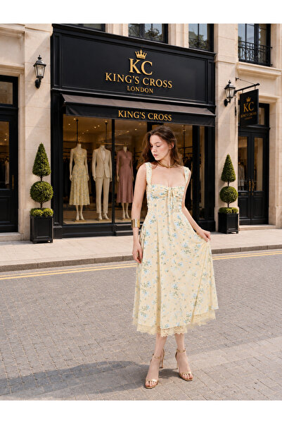 kings cross st store Göğsü Büzgülü Volanlı Midi Elbise