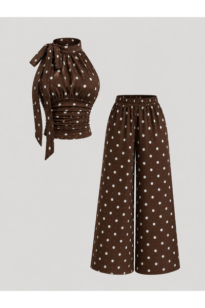 meren like your style Set cu top tip halter cu decolteu în V și pantaloni largi