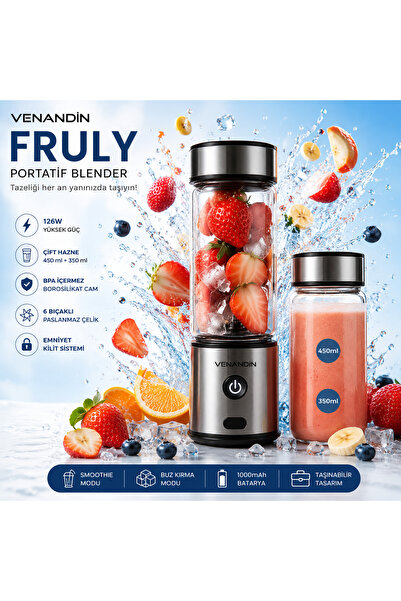 Venandin Şarjlı Taşınabilir Blender 126W | Smoothie & Buz Kırıcı | Çift Hazne...