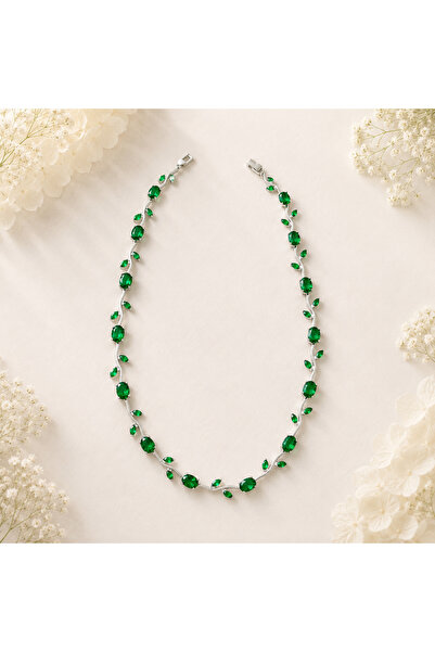 Lilith Takı Elegant Branch Design Women's Necklace with Emerald Green Stones ...