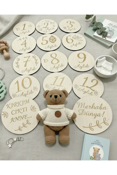 ih ihra 14 Piece Laser Engraved Baby Monthly Photo Cards - Wooden Baby Develo...