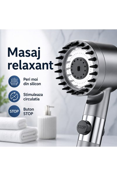 iTin Cap de dus multifunctional 4 in 1, filtru purificare, masaj silicon, buton STOP, 3 moduri presiune, Gri metalic