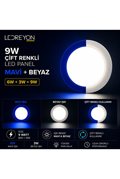 LEDREYON 9 Watt Çift Renkli Sıva Altı Yuvarlak Led Panel Mavi Beyaz Spot Lamba