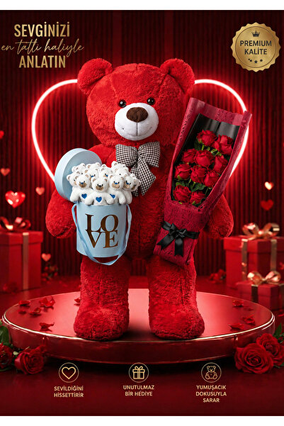 lenostra 90cm Kırmızı Büyük Peluş Ayıcık Love Kutulu Mini Ayıcıklar ve Kırmız...