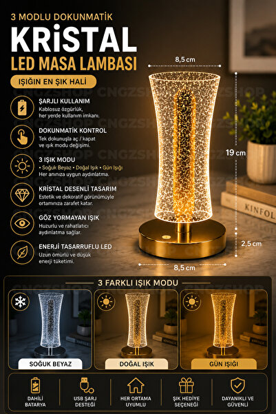 CNGZSHOP Şarjlı LED Masa Lambası 3 Işık Modlu Dokunmatik Kristal Desenli Deko...