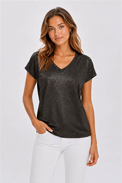 Fashion Friends V-Neck Glittery Black Women's Blouse 26Y0291K1