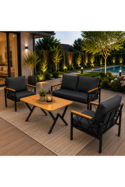 UFUK HOME Miray 211 Masalı Antrasit Balkon Bahçe Oturma Grubu Minderli Metal ...