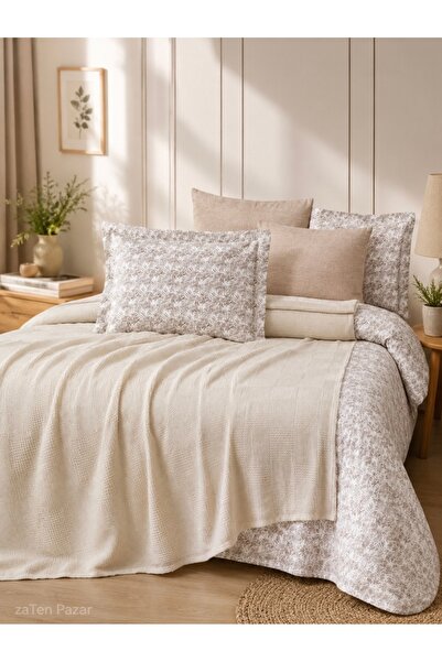 zaTen Pazar Beige Color Double 5-Piece Piqued Duvet Cover Set 100% Cotton Box...