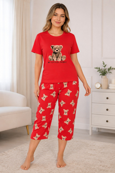 Vesperia Women's Plus Size Teddy Bear Patterned Capri Pajama Set