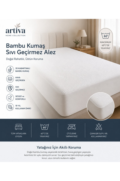 Artiva Home Collection Bambu Premium Sıvı Geçirmez Fitted Alez | Soft Bambu U...