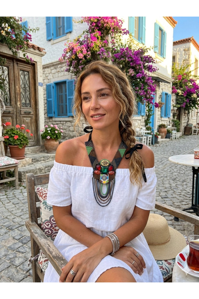 CROCUS DESIGN Bohem kum boncuk doğal taş detaylı alaçatı kolye