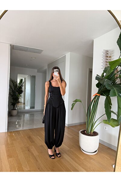 MERVE AKSOY Saten Dokulu Tasarım Şalvar Pantolon - Siyah