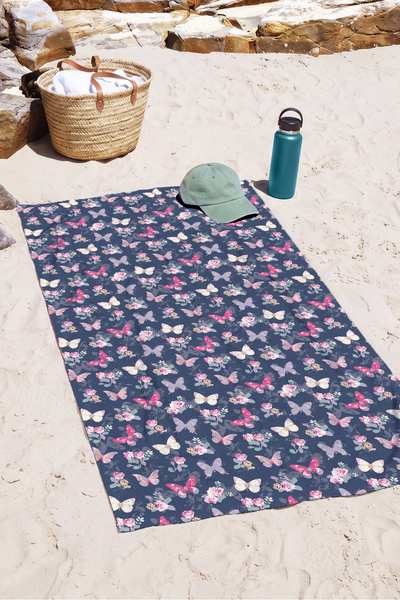 Evimde Bambaşka Butterfly Rose Floral Navy Blue Beach Towel-Romantic Vintage ...