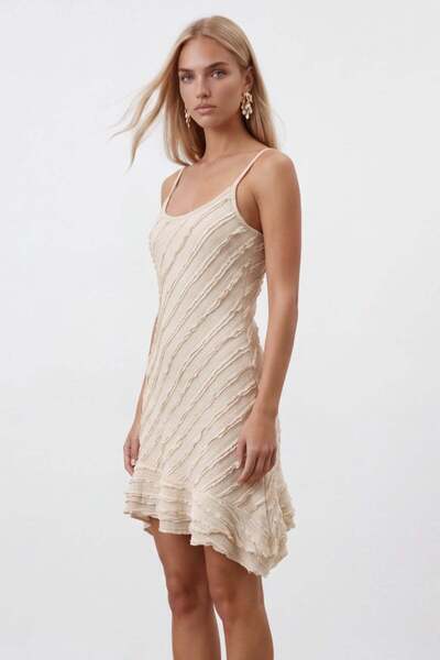 Trend Alaçatı Stili Beige Strappy Valon Ruffle Fabric Mini Dress Alc-X15554
