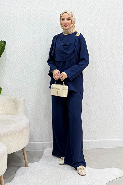 Tesettür Diyarı Darsi Aerobin Fabric Brooched Hijab Suit - Navy Blue