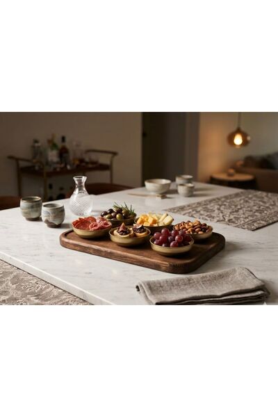 Rabo Craft Set of 6 Gold Metal Snack Bowls with Wooden Stands – Stylish Prese...